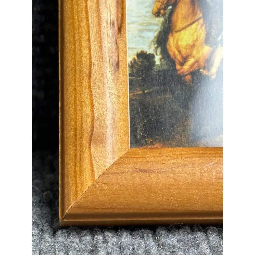 Vintage miniature solid wood picture frame 3.5x4.5 equestrian print wall hook